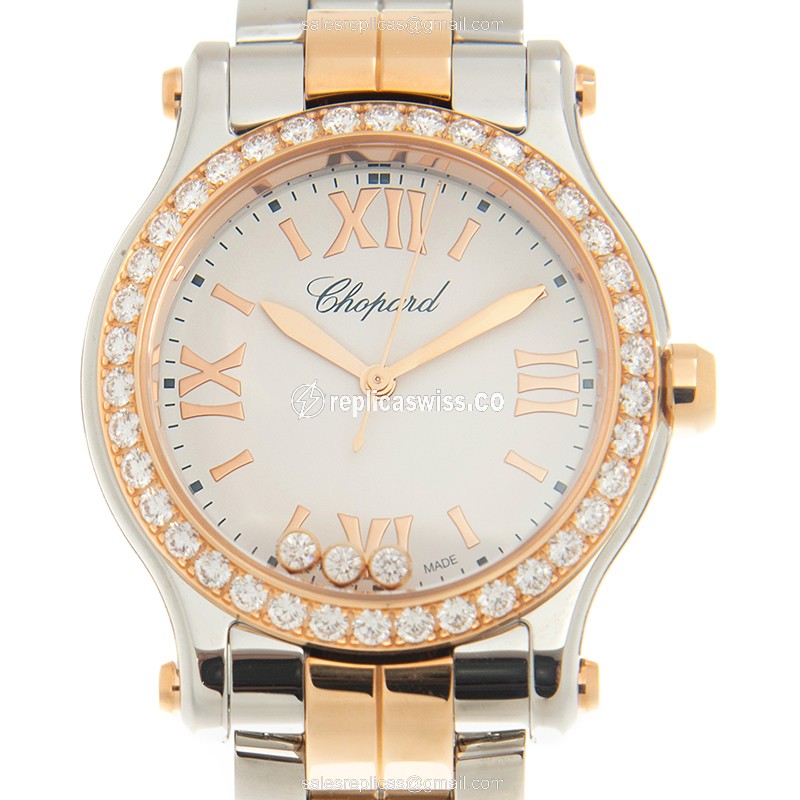 Chopard Happy Sport Quartz - 18kt Rose Gold Steel - White Dial - Gold Strap - Luxury Replica HAPPY SPORT Watch